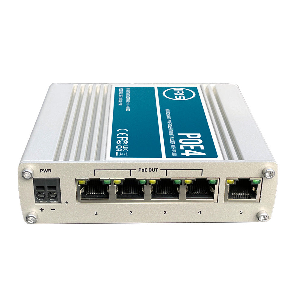 Iris Four Channel Uplink Power Over Ethernet Switch - IEEE802.3af 3at Compliant - 9-30VDC Input - 48VDC Output [POE4V2]