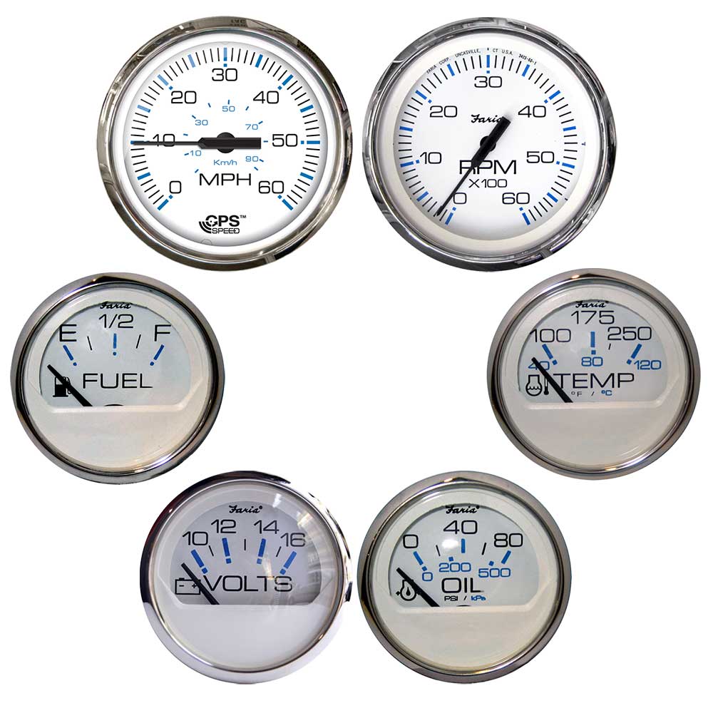 Faria Chesapeake White w/Stainless Steel Bezel Boxed Set of 6 - Speed, Tach, Fuel Level, Voltmeter, Water Temperature Oil PSI - Inboard Motors [KTF063]