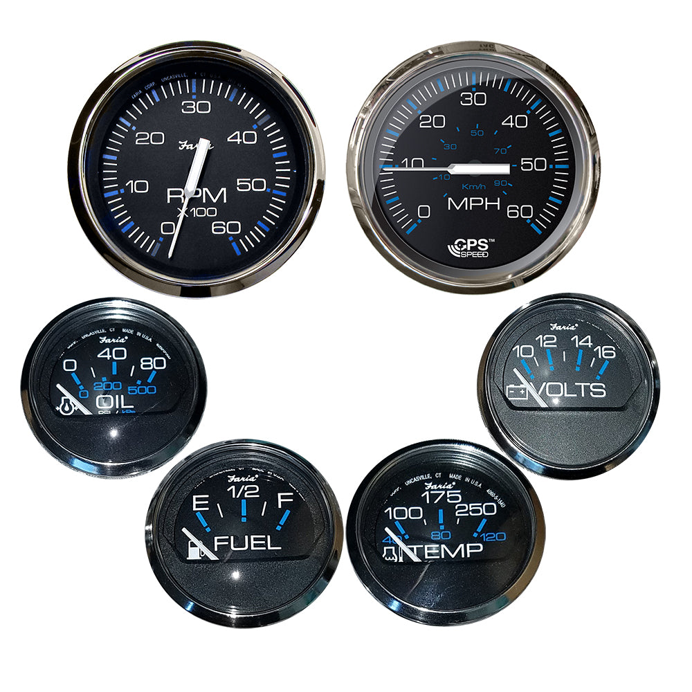 Faria Chesapeake Black w/Stainless Steel Bezel Boxed Set of 6 - Speed, Tach, Fuel Level, Voltmeter, Water Temperature Oil PSI - Inboard Motors [KTF064]